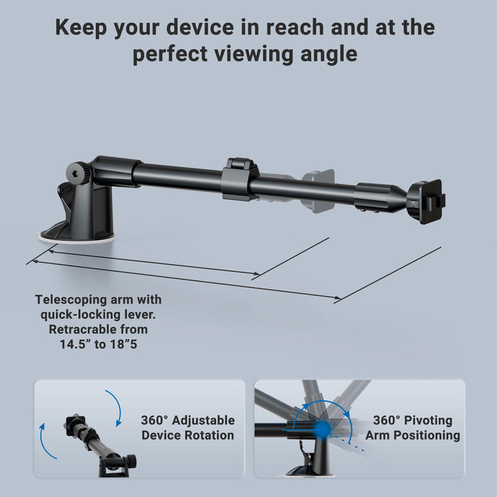 Black Windshield Mount with Extended Arm & Dual-T Mounting Pattern features a locking lever and adjustable length from 14.5 to 18.5 inches—perfect for use as an extendable dashboard mount or long arm windshield mount. Insets highlight 360° device rotation and full pivoting arm positioning, while details explain the advantages of increased reach and customizable viewing angles on this versatile suction mounting pedestal.