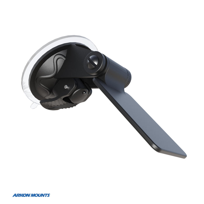 A black and gray Windshield Suction Mount for EZ Pass Toll Transponders, Bluetooth GPS Receivers, and Radar Detectors with an adjustable lever arm is shown on a white background. The Arkon Mounts logo appears in the lower left corner.