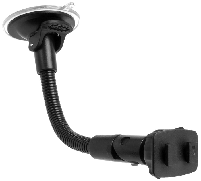 The Windshield Suction Mounting Pedestal with 8.5 Gooseneck features a dual-T-compatible rectangular head and flexible black design, ideal for mounting GPS units or smartphones to your car windshield.