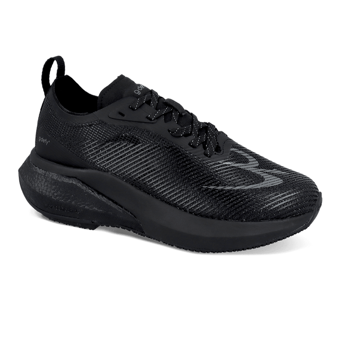 Black running shoe with a textured mesh upper and a thick, cushioned sole. GDefy logo on the side.