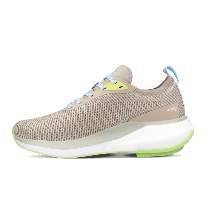 Beige mesh athletic sneaker with light blue laces, neon yellow accents, and a thick white and neon green sole.