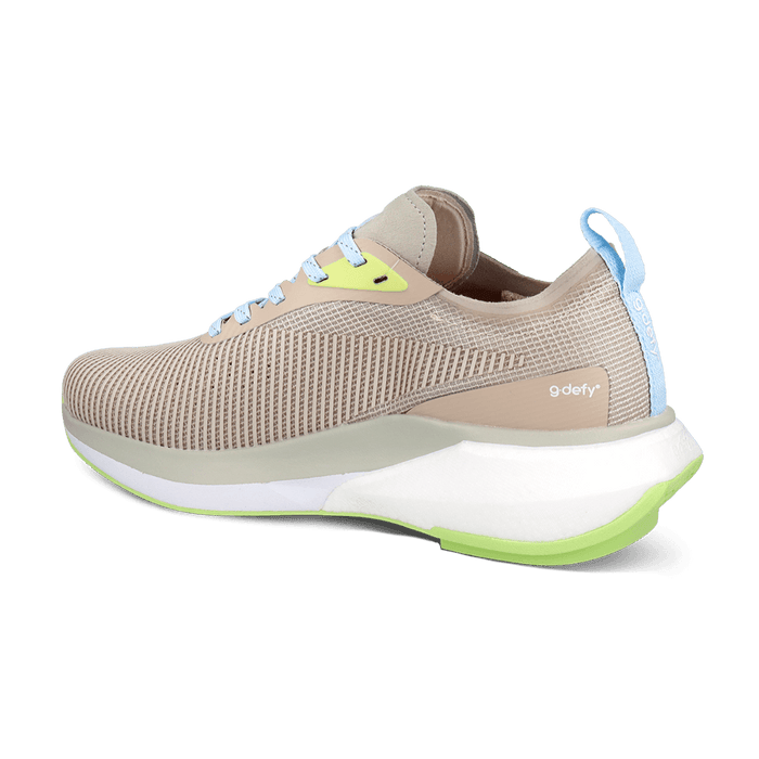 Beige mesh sneaker with white midsole, lime green outsole, light blue laces, and yellow accents, shown from a back angle.