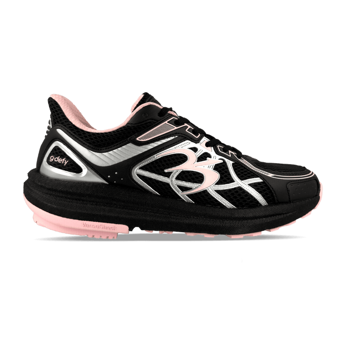 Black and pink g-defy running shoe with silver accents, mesh upper, and a thick VersoShock sole.
