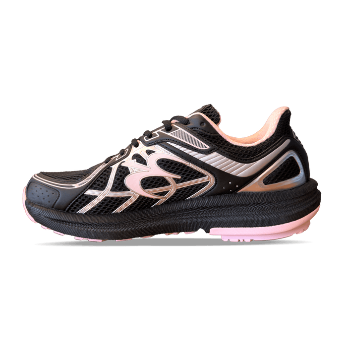 Black and pink running shoe with mesh upper, silver accents, and a thick black sole with pink bottom.
