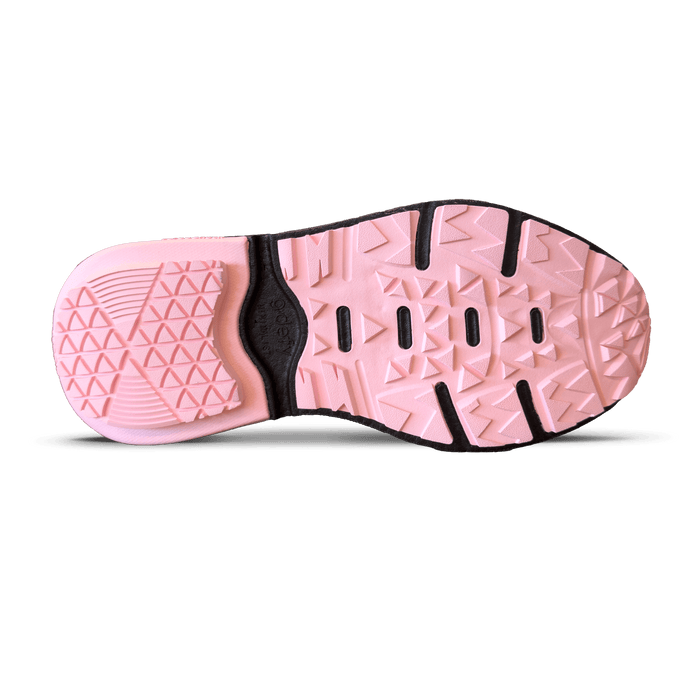 Pink and black sneaker sole with a textured, geometric tread pattern for enhanced grip and durability.