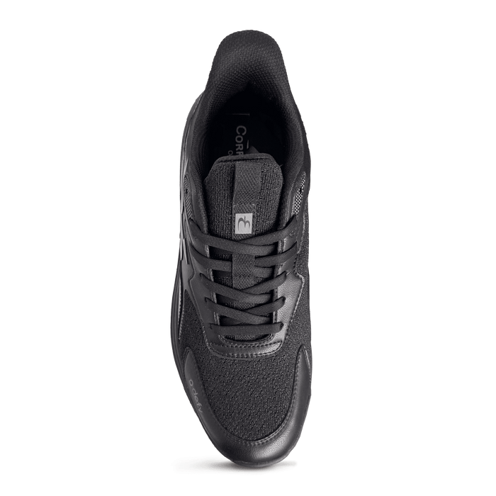 Black athletic sneaker with mesh upper, black laces, and a subtle 'odefy' logo on the side. Top-down view.