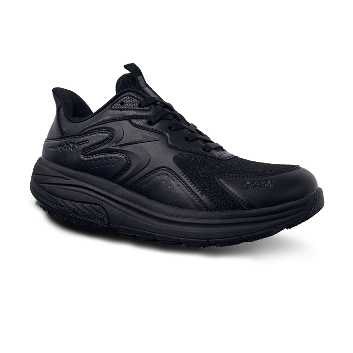 Black athletic shoe with a chunky sole and lace-up design, featuring a mix of synthetic leather and mesh materials.