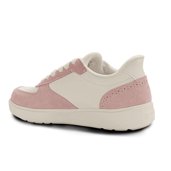 Cream and pink suede sneaker, back angle, with perforated pink panels and cream laces.