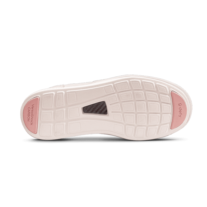 Bottom of a light pink shoe sole featuring a grid pattern, dark pink VersoShock Carbon toe pad and g.defy heel pad.