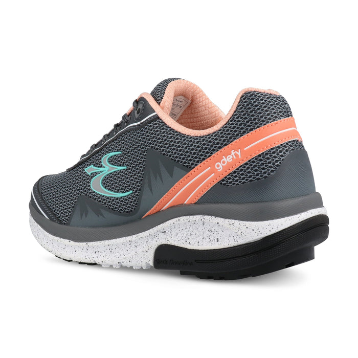 Dark gray mesh running shoe with coral accents and a light blue logo, featuring a white speckled midsole and black outsole, v