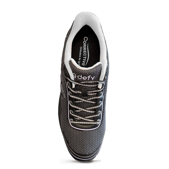 9:defy dark grey mesh athletic shoe with white lining, white and black laces, and light purple accents, top-down view.