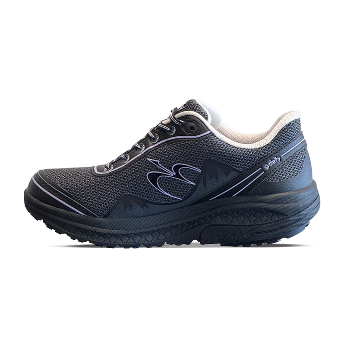 Black athletic running shoe with a mesh upper, light purple accents, white interior lining, and a thick textured shock-absorb