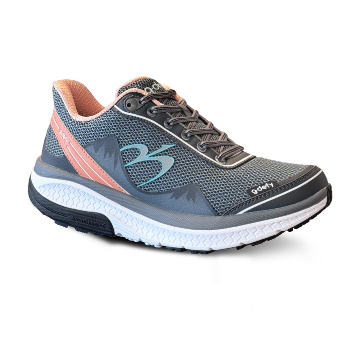 Women's running shoe with a gray mesh upper, peach accents, light blue logo, white midsole, and black outsole.