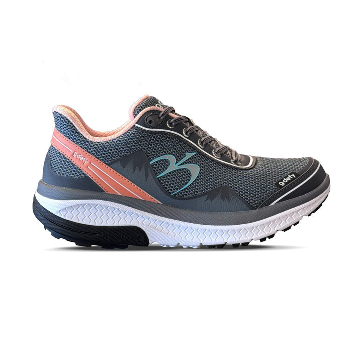 G-Defy running shoe in dark gray mesh with light pink accents, white midsole, and black outsole, shown from the side.
