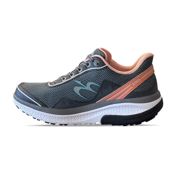 Running shoe with dark grey mesh upper, peach collar and side stripe, light blue g-defy logo, and white midsole.