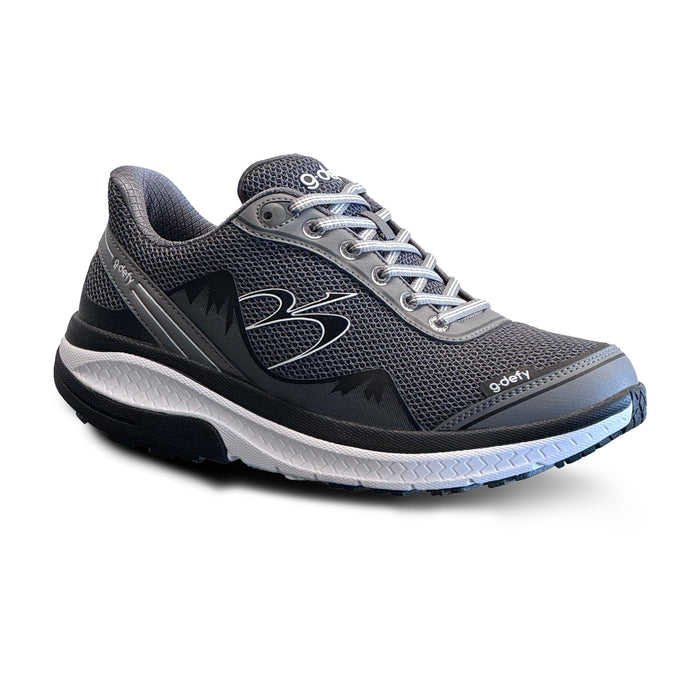 Dark gray g-defy athletic shoe with mesh upper, white textured midsole, black outsole, and light gray laces.