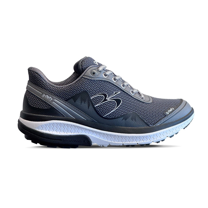 Dark gray g-defy athletic shoe with mesh upper, white laces, and a white and black sole, viewed from the side.