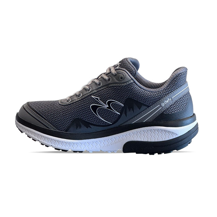 Grey mesh running shoe with white logo and g-defy text, featuring a layered white and black sole.