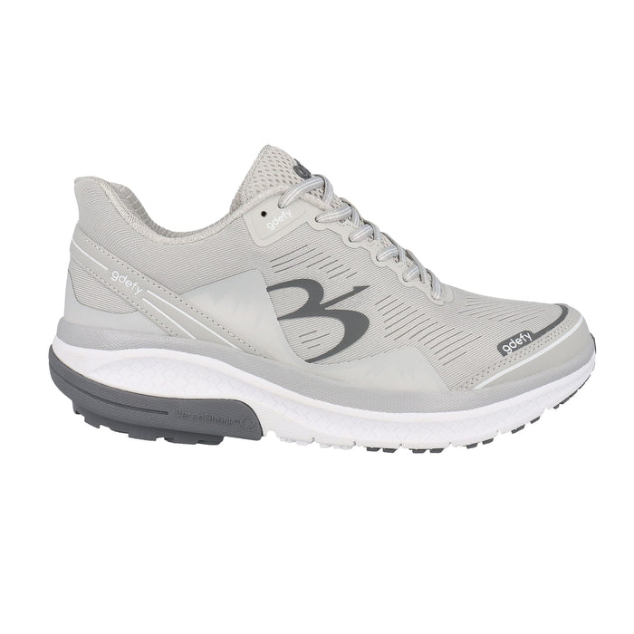 Gdefy light grey mesh athletic shoe with a white midsole and dark grey VersoShock outsole, side view.