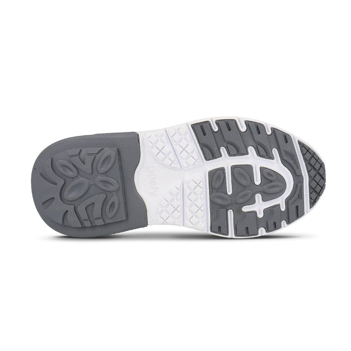Bottom view of a sneaker sole in gray and white, featuring a multi-directional traction pattern and the 'gdefy' brand name.