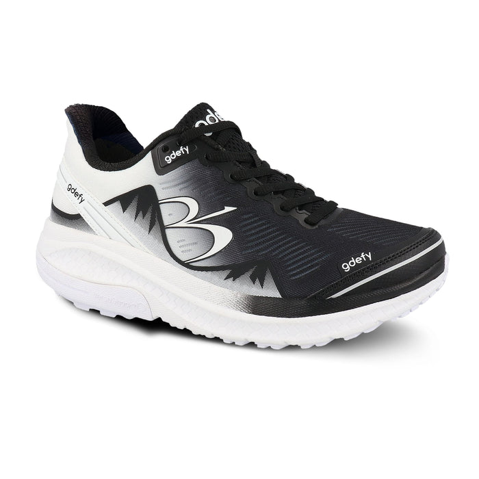 Black and white gdefy running shoe, angled view showing the mesh upper and thick white sole with "gdefy" logo.