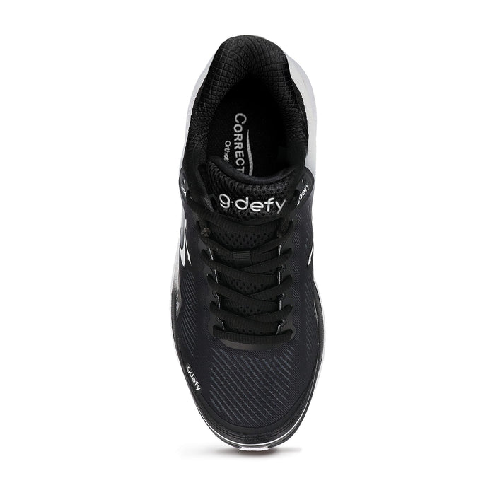Black 9.defy athletic shoe, top-down view, with black laces, white sole trim, and Correct Orthotics insole.