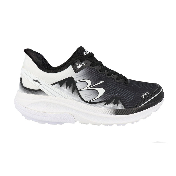 gdefy running shoe in black and white with a mesh upper, white sole, and a distinctive mountain graphic.