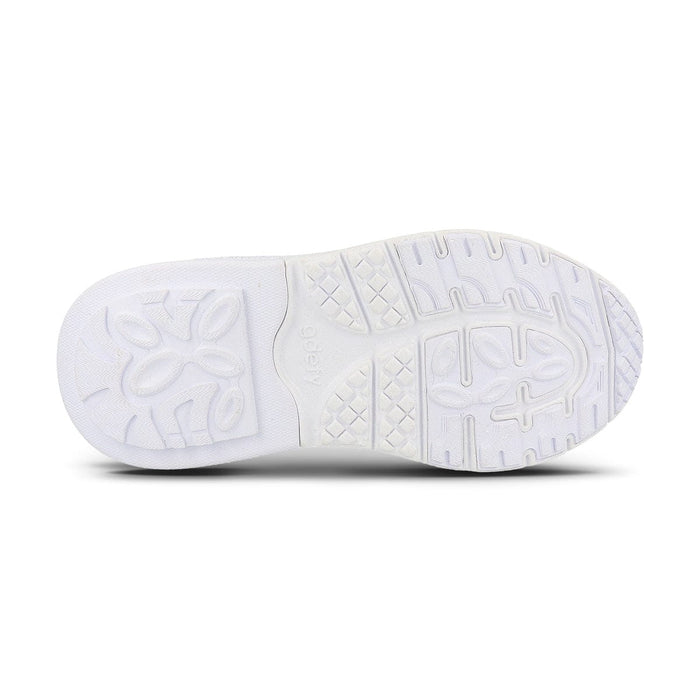 White rubber sneaker sole with intricate tread patterns and the 'gdety' logo embossed in the center.