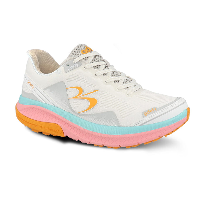 White GDefy running shoe with a mesh upper and a thick multi-colored sole featuring pink, blue, and orange accents.