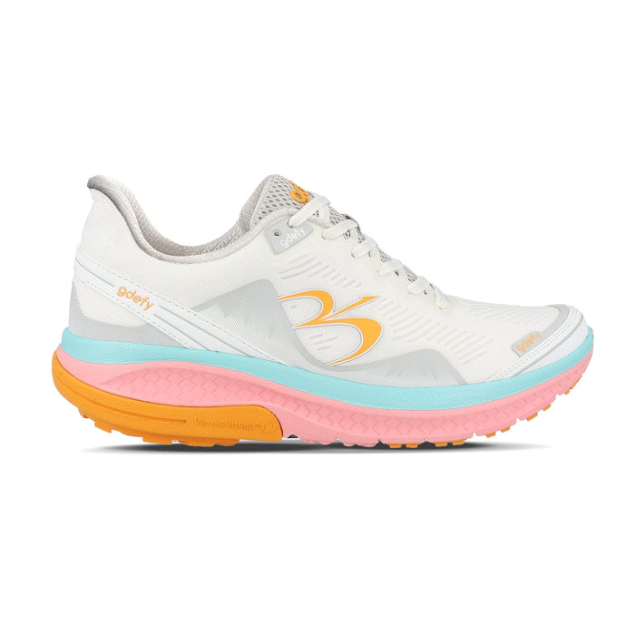 White running shoe with a mesh upper and a thick sole featuring pink, blue, and orange layers.