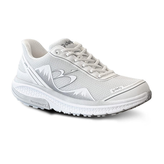 White gdefy athletic sneaker with mesh upper and silver accents, showing the thick VersoShock sole from an angle.