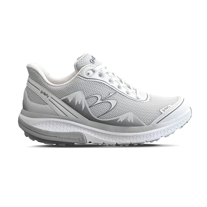 White and gray g-defy running shoe with a breathable mesh upper, mountain graphic on the side, and VersoShock sole.
