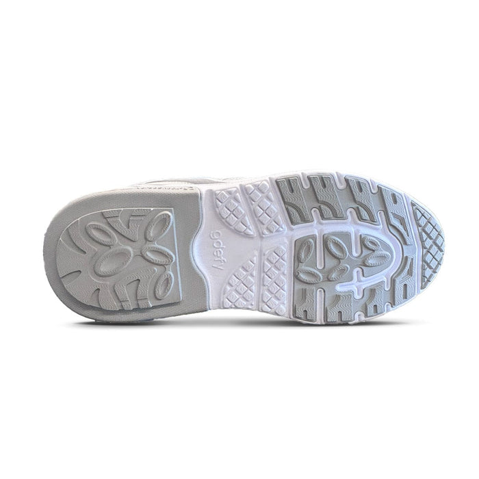 Shoe sole with white and gray textured tread pattern, showing the "gdefy" logo and grip design.