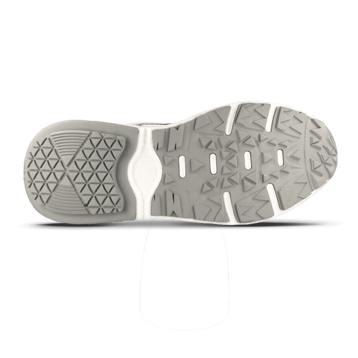 Sneaker sole with a grey and white geometric tread pattern, featuring triangular shapes and rectangular cutouts for enhanced