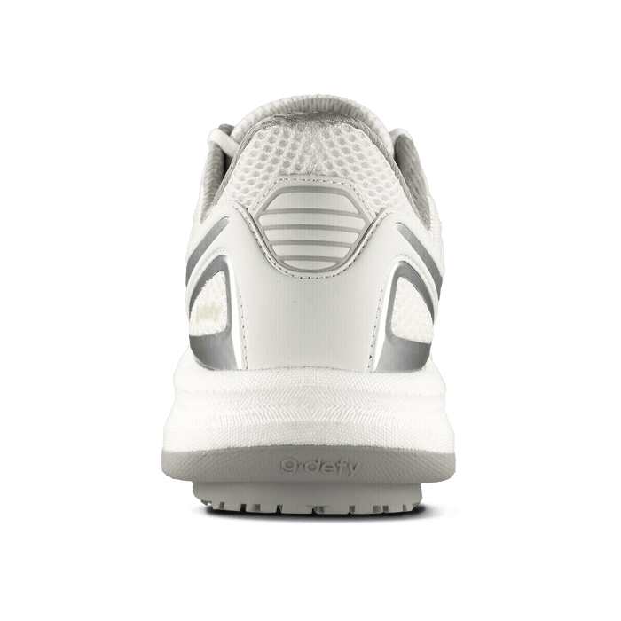 White and grey athletic shoe, back view, with a breathable mesh upper, synthetic overlays, and reflective silver accents.