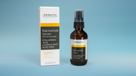 YOUTH Niacinamide Serum bottle and packaging on a blue background